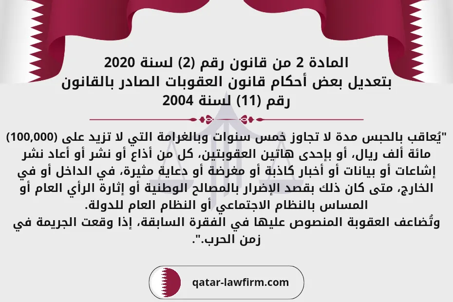 المادة 2 من قانون رقم (2) لسنة 2020 بتعديل بعض أحكام قانون العقوبات الصادر بالقانون رقم (8 11) لسنة 2004