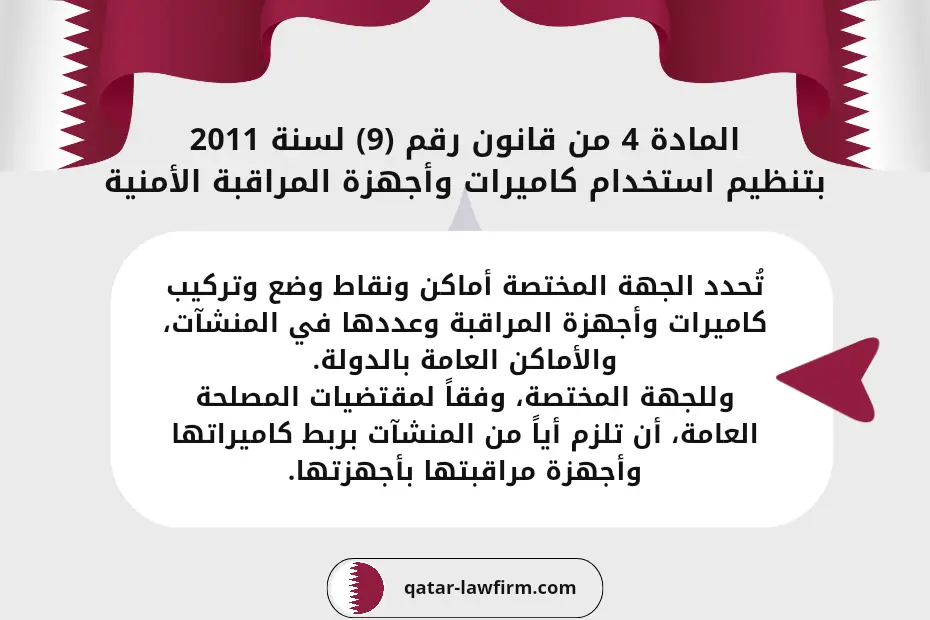 المادة 4 من قانون رقم (9) لسنة 2011 بتنظيم استخدام كاميرات وأجهزة المراقبة الأمنية