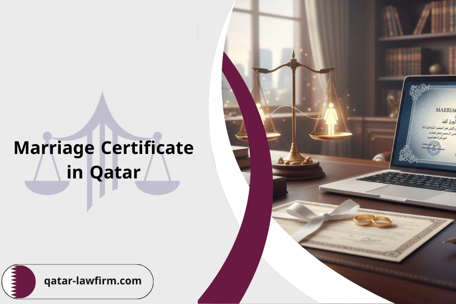 Marriage Certificate in Qatar for legal use, pictured with wedding rings and a justice scale on a desk