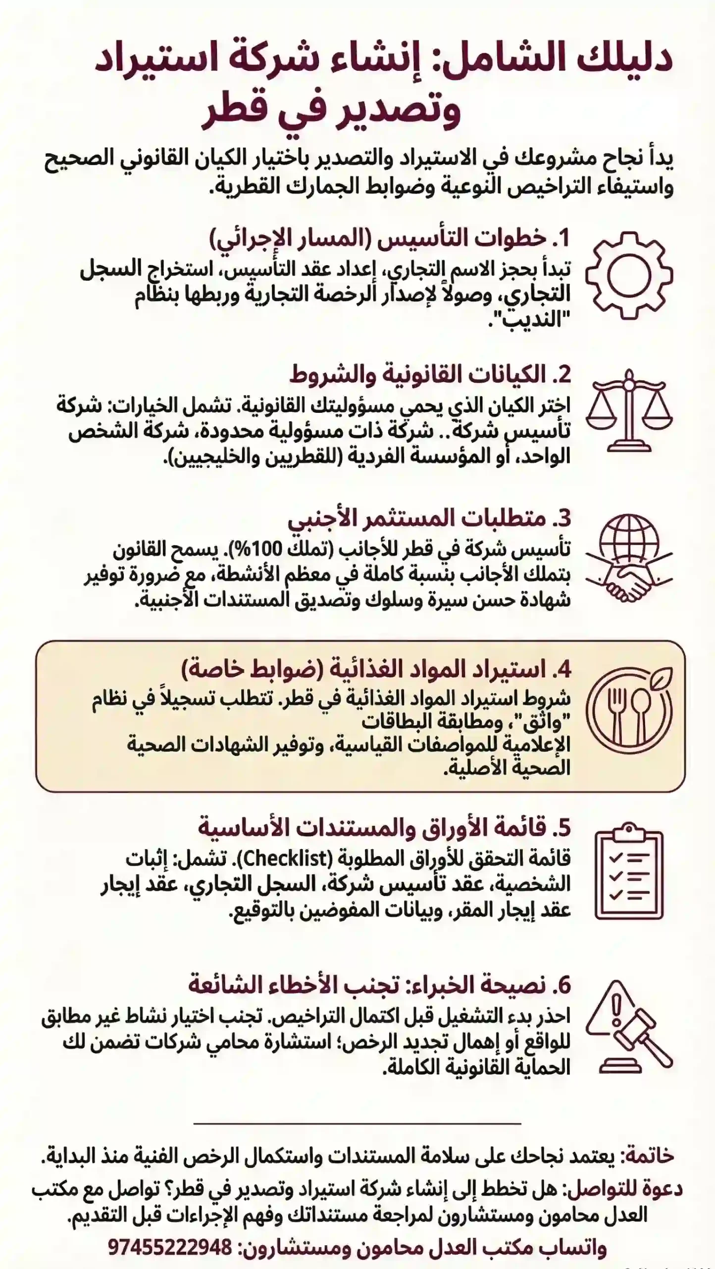 انفوغرافيك يوضح انشاء شركة استيراد وتصدير في قطر ويبين خطوات التأسيس والأوراق المطلوبة